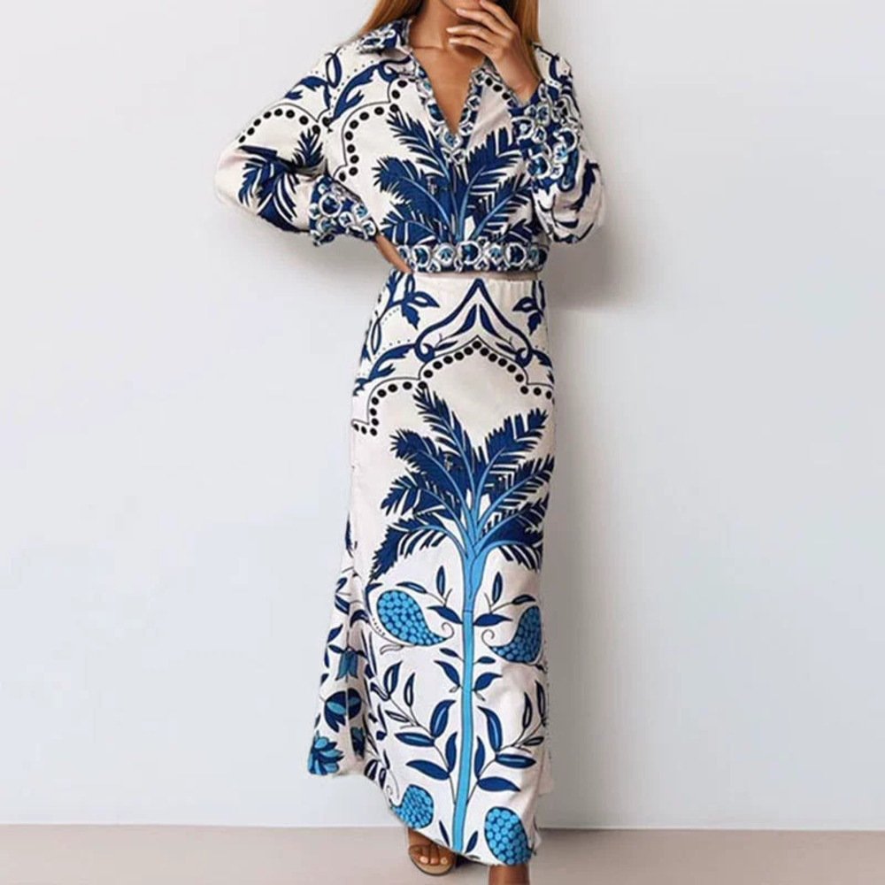 ZARA Summer Hot Selling Stylish Print Irregular Collar Top and Long Skirt Set